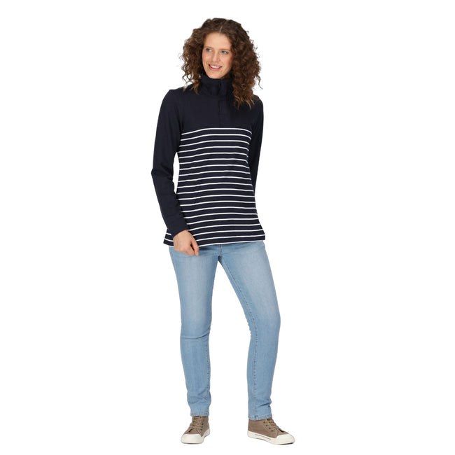 Navy-White - Pack Shot - Regatta Womens-Ladies Bayla Striped Button Neck Sweatshirt