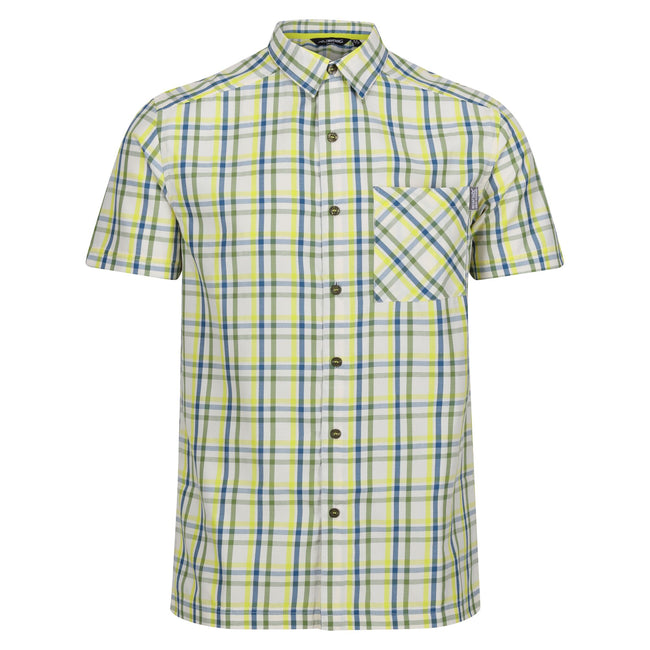 Piquant Green-Moroccan Blue-Citron Lime-Marshmallow - Front - Regatta Mens Mindano VIII Checked Short-Sleeved Shirt