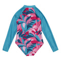 Tahoe Blue-Tropical - Back - Regatta Girls Tropical Leaves Long-Sleeved One Piece Swimsuit