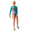 Tahoe Blue-Tropical - Close up - Regatta Girls Tropical Leaves Long-Sleeved One Piece Swimsuit