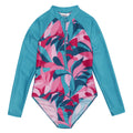 Tahoe Blue-Tropical - Front - Regatta Girls Tropical Leaves Long-Sleeved One Piece Swimsuit