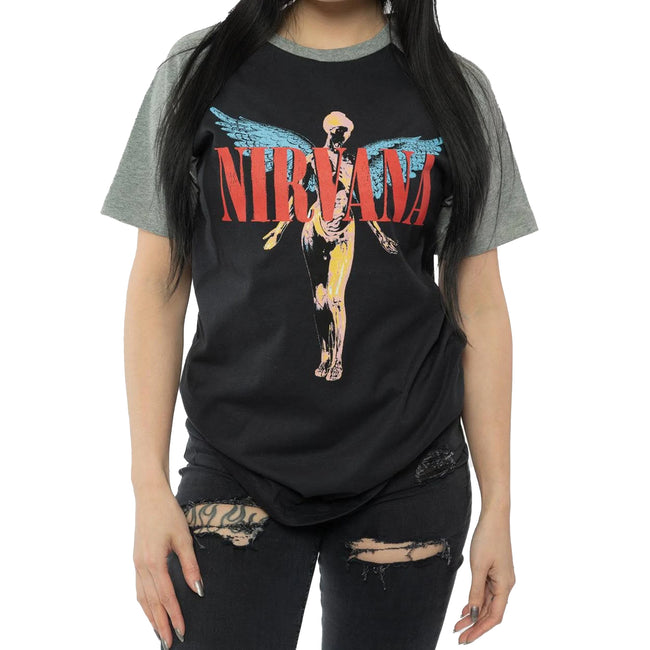 Black-Grey - Side - Nirvana Unisex Adult Angelic Raglan T-Shirt