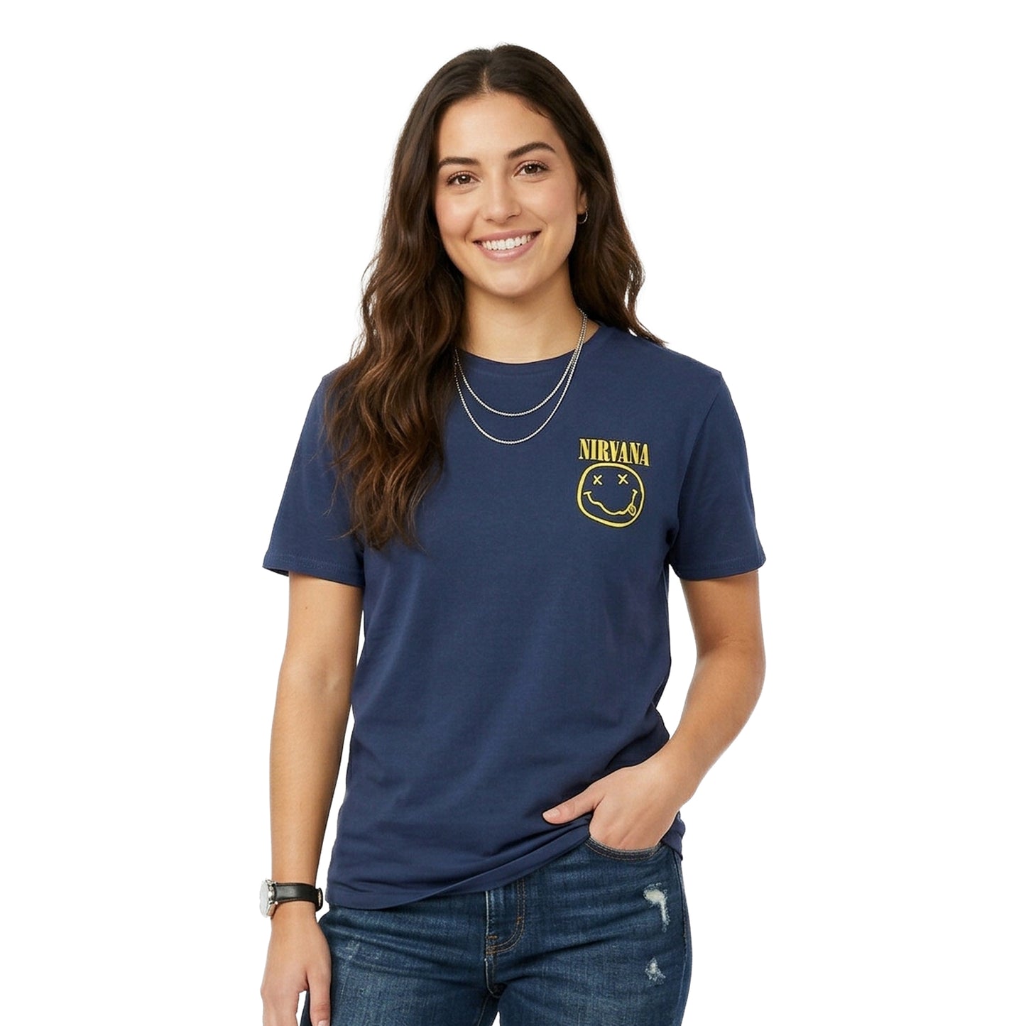 Denim Blue - Side - Nirvana Unisex Adult Mini Happy Face T-Shirt