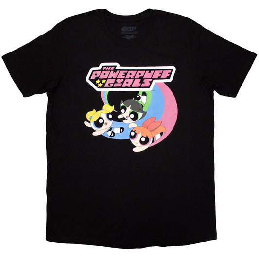 Black - Front - The Powerpuff Girls Unisex Adult Trio Flying Logo T-Shirt