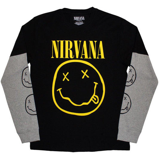 Black-Grey - Front - Nirvana Unisex Adult Happy Face Layered Long-Sleeved T-Shirt