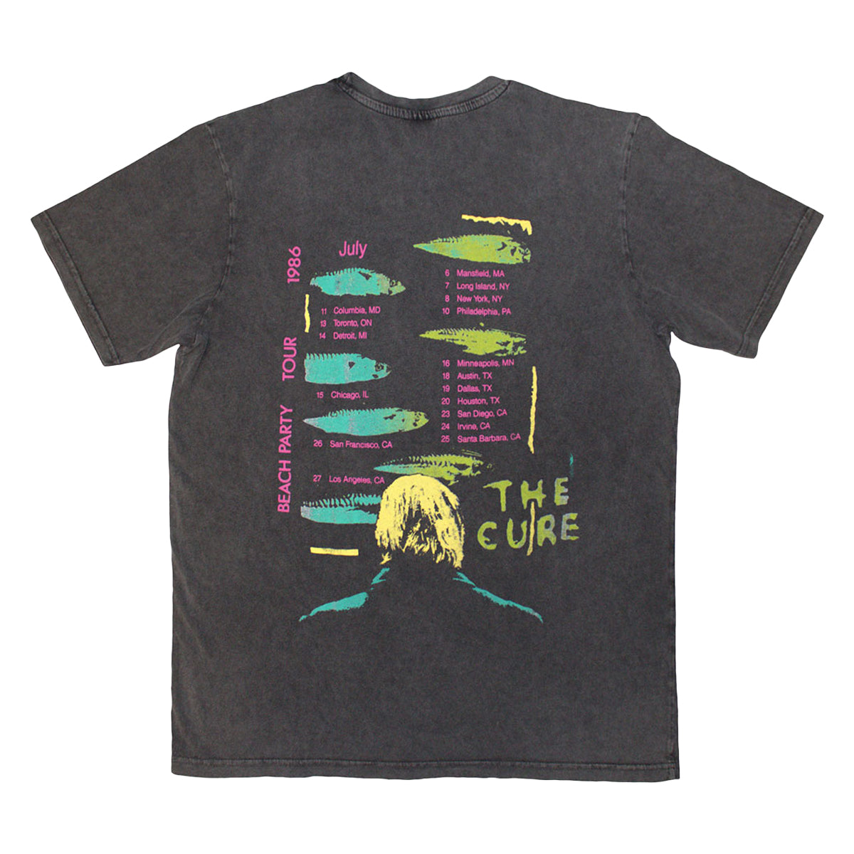 Charcoal Grey - Back - The Cure Unisex Adult Beach Party Tour ´86 Back Print Stone Wash T-Shirt