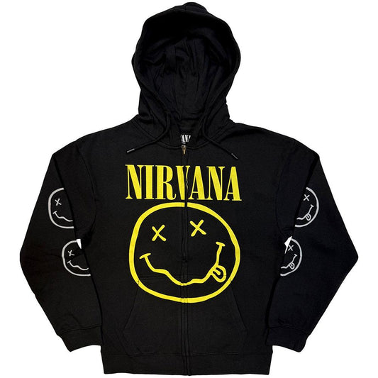 Black - Front - Nirvana Unisex Adult Happy Face Hoodie