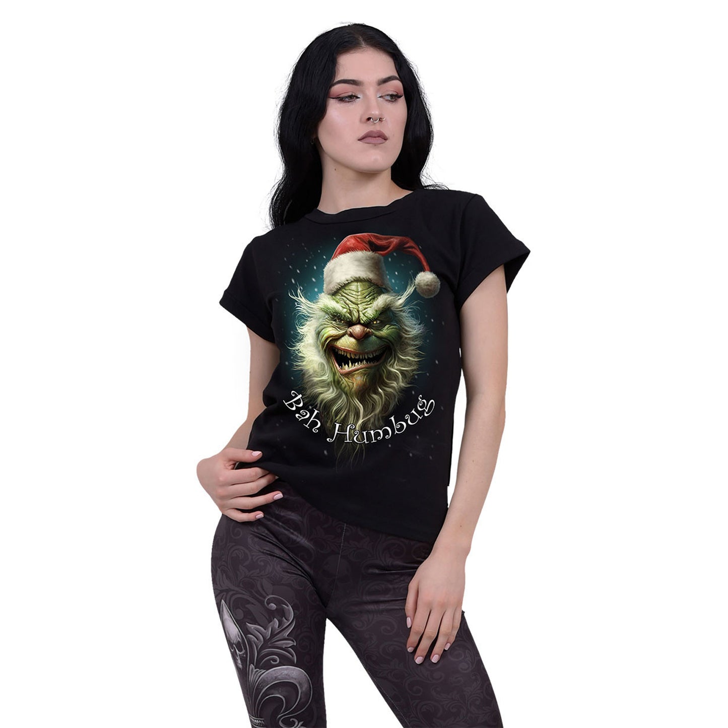 Black - Back - Spiral Womens-Ladies Bah Humbug Boat Neck T-Shirt