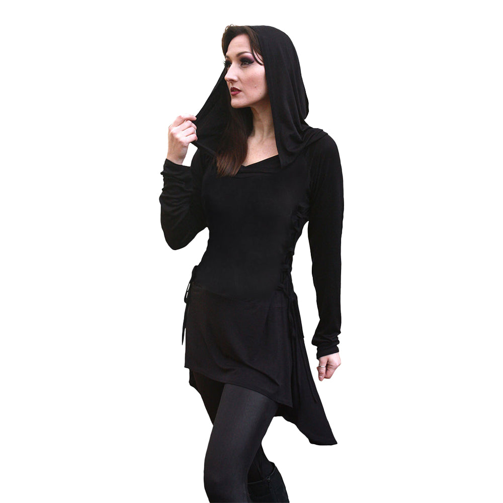 Black - Side - Spiral Direct Womens-Ladies Plain Hooded T-Shirt Dress