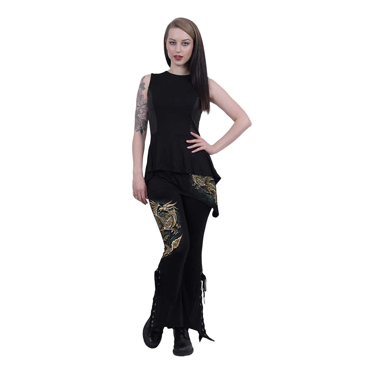 Black - Back - Spiral Direct Womens-Ladies Celtic Dragon Micro Skirt Bootcut Leggings