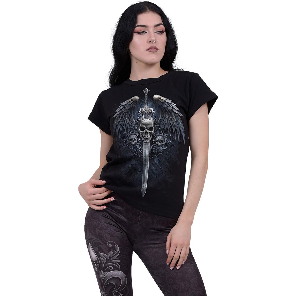 Black - Side - Spiral Direct Womens-Ladies Angel Sword Boat Neck T-Shirt