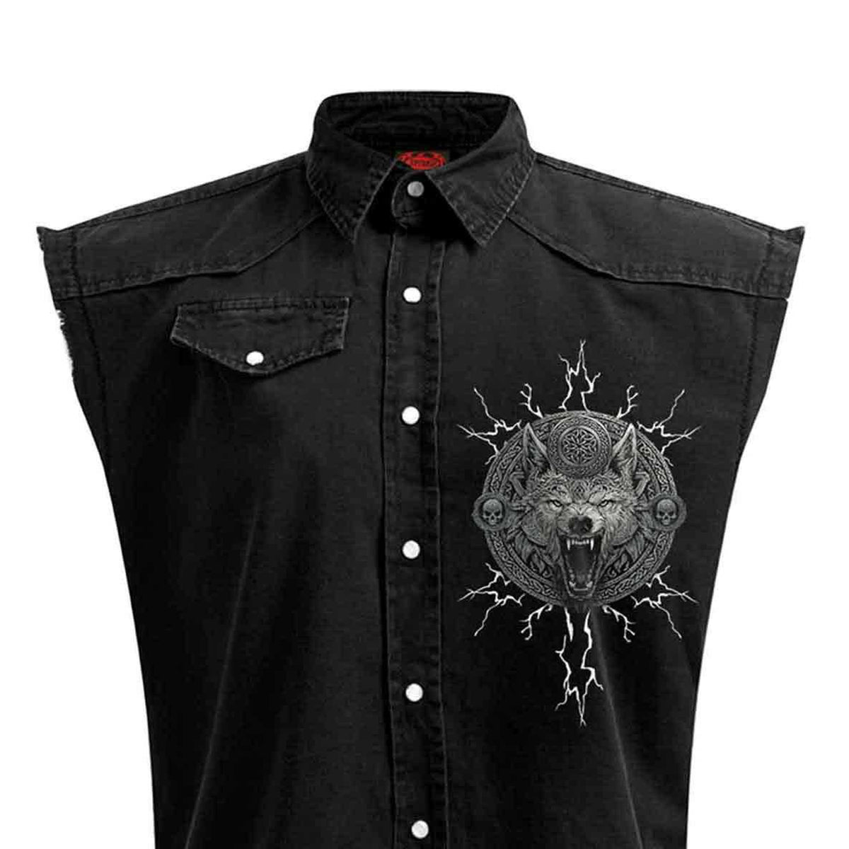 Black - Side - Spiral Direct Unisex Adult Valhalla Stone Wash Back Print Work Shirt