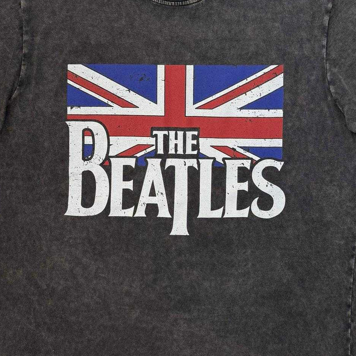 Charcoal Grey - Side - The Beatles Unisex Adult Logo & Vintage Flag Stone Wash T-Shirt