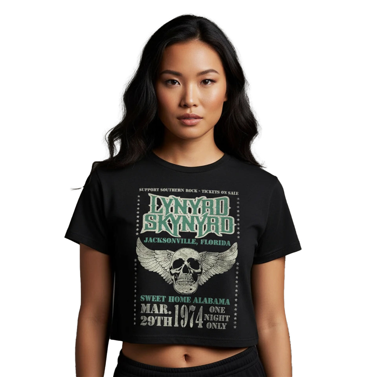Black - Side - Lynyrd Skynyrd Womens-Ladies Winged Skull Crop Top