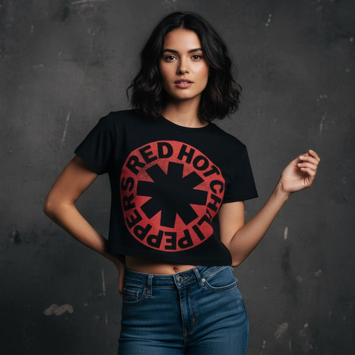 Black - Side - Red Hot Chili Peppers Womens-Ladies Circle Asterisk Crop Top