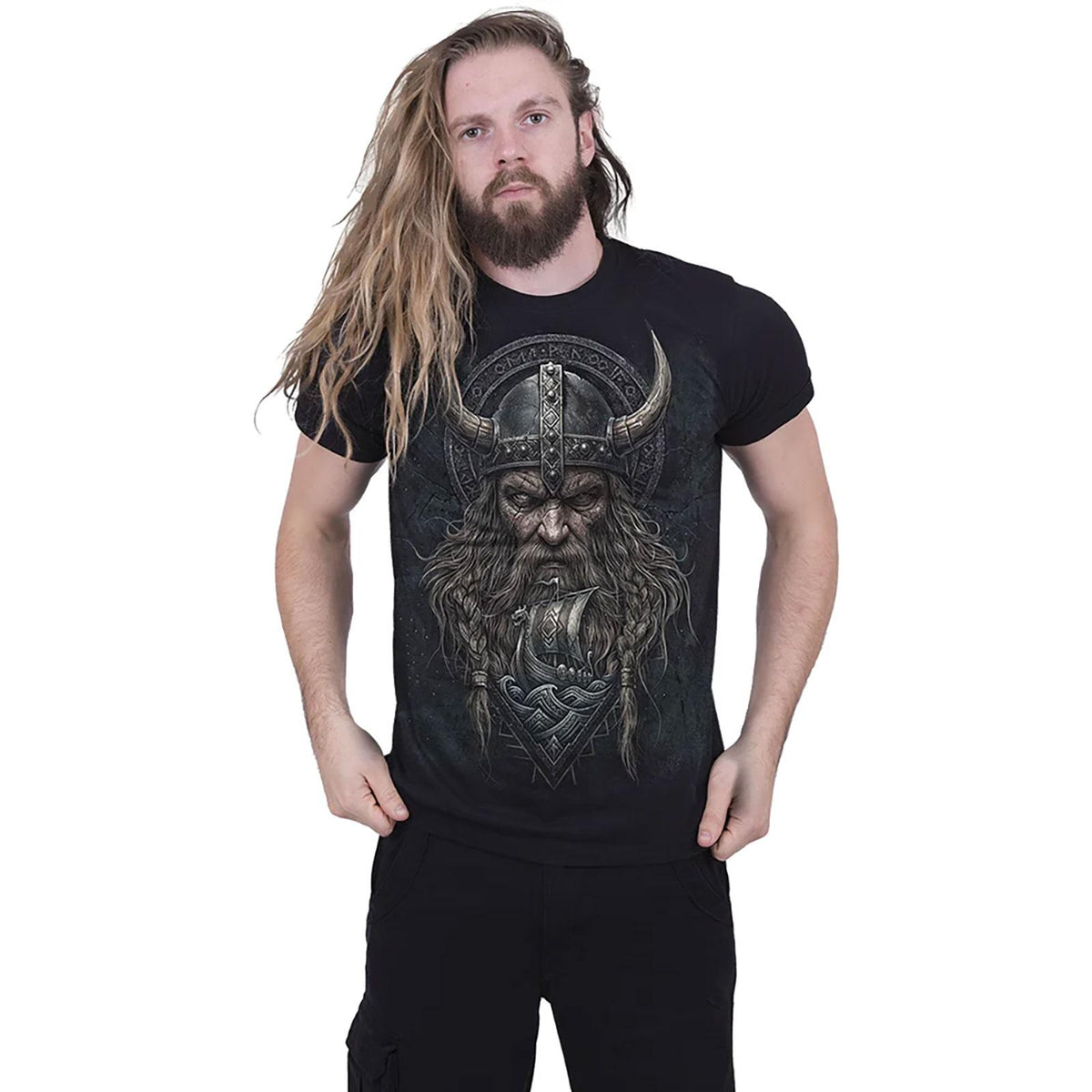 Black - Side - Spiral Direct Unisex Adult Viking Norseman Back Print T-Shirt
