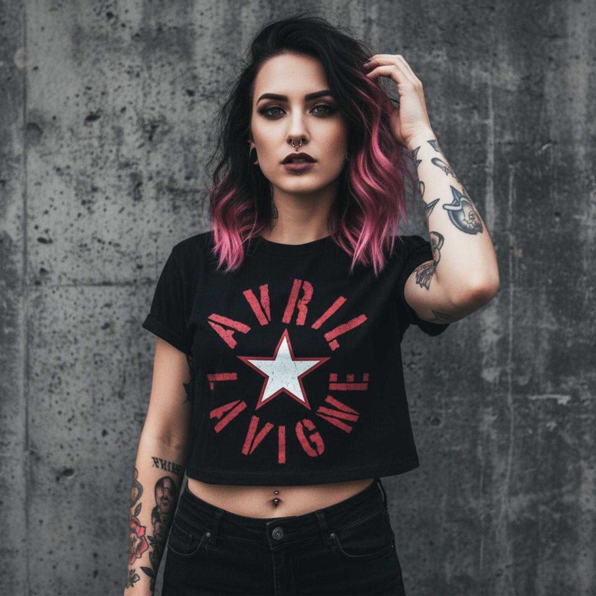 Black - Side - Avril Lavigne Womens-Ladies Stencil Logo Crop T-Shirt