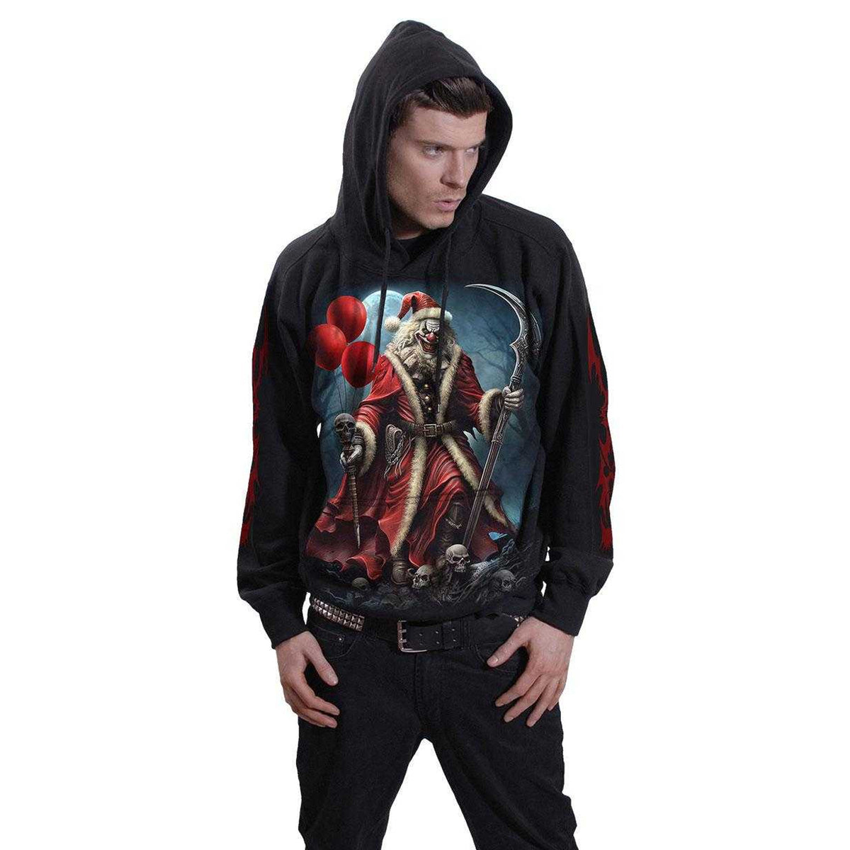 Black - Side - Spiral Direct Unisex Adult Santa Clown Back & Sleeve Print Hoodie