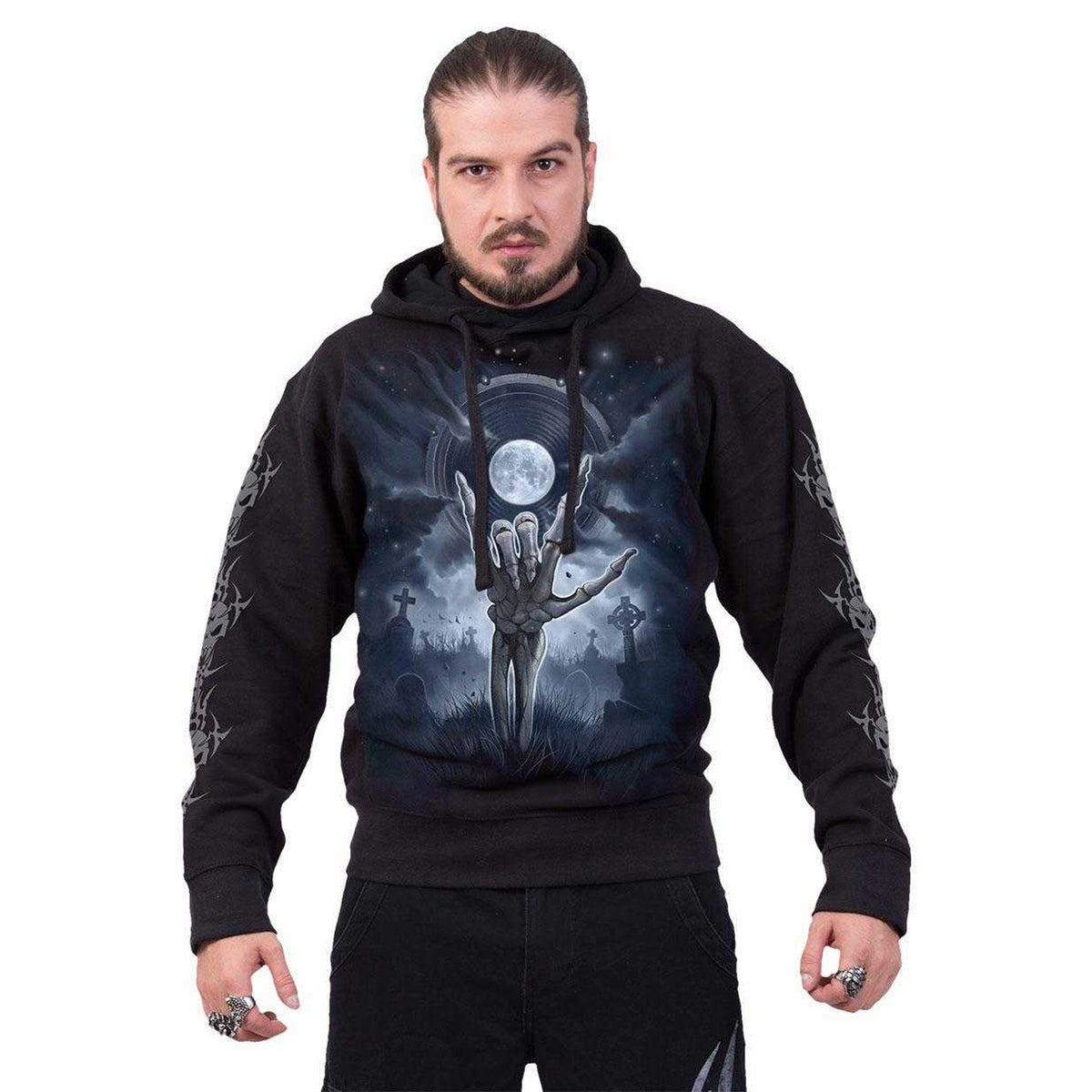 Black - Side - Spiral Direct Unisex Adult Grim Rocker Back & Sleeve Print Hoodie