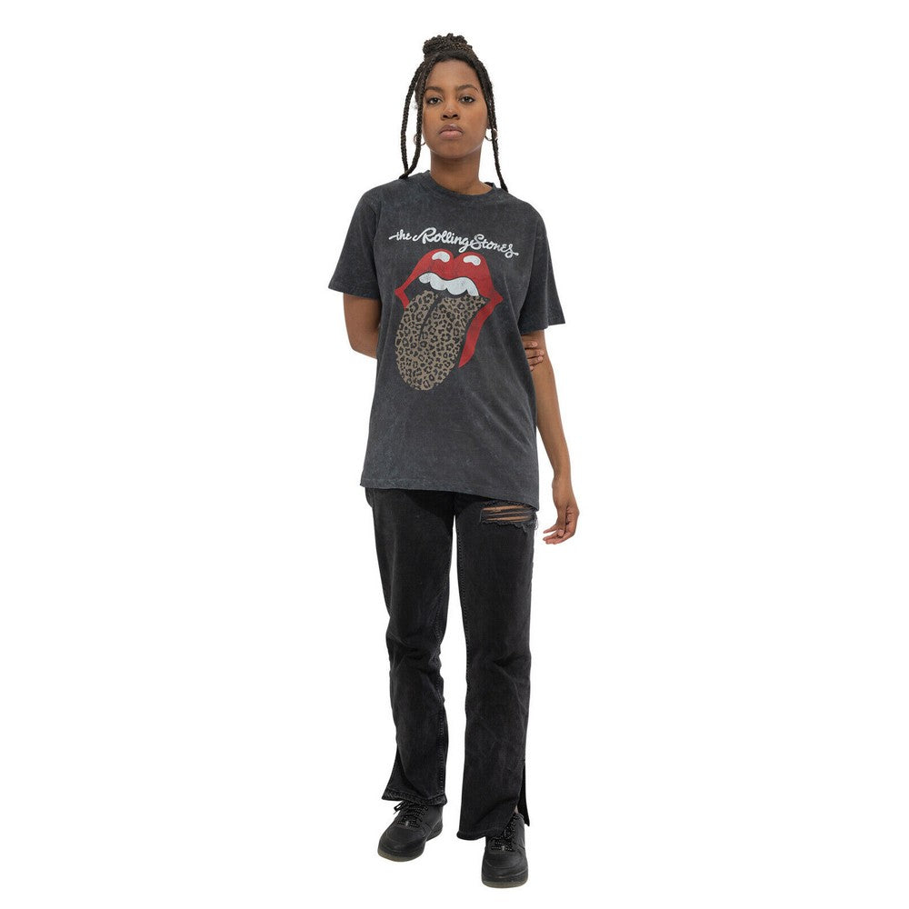 Black - Close up - The Rolling Stones Unisex Adult Leopard Tongue Acid Wash T-Shirt