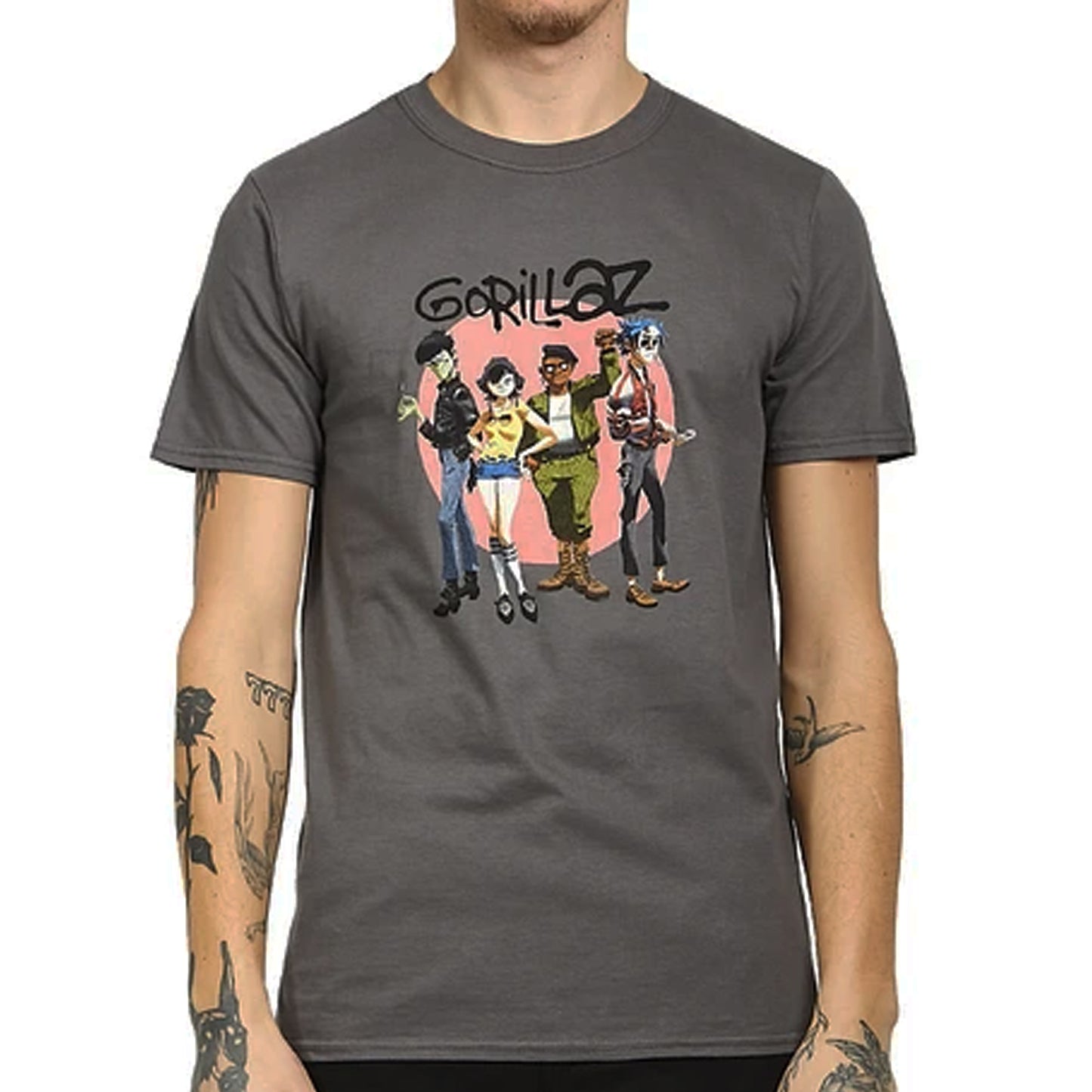 Charcoal Grey - Side - Gorillaz Unisex Adult Group Shot Cotton T-Shirt