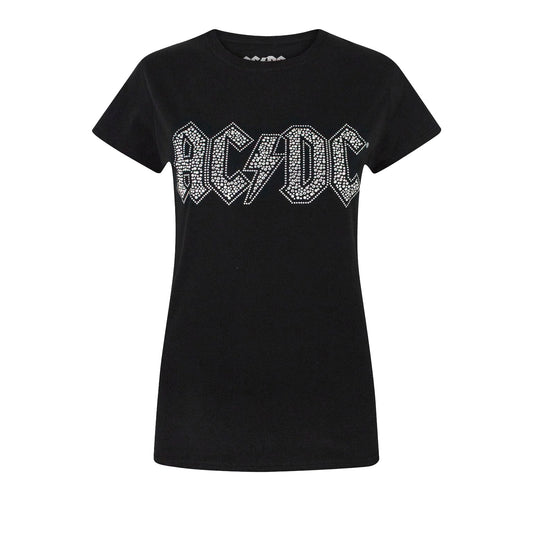 Black - Front - AC-DC Womens-Ladies Diamante Logo T-Shirt
