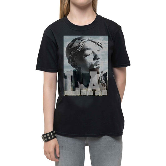 Black - Front - Tupac Shakur Childrens-Kids LA Skyline Cotton T-Shirt
