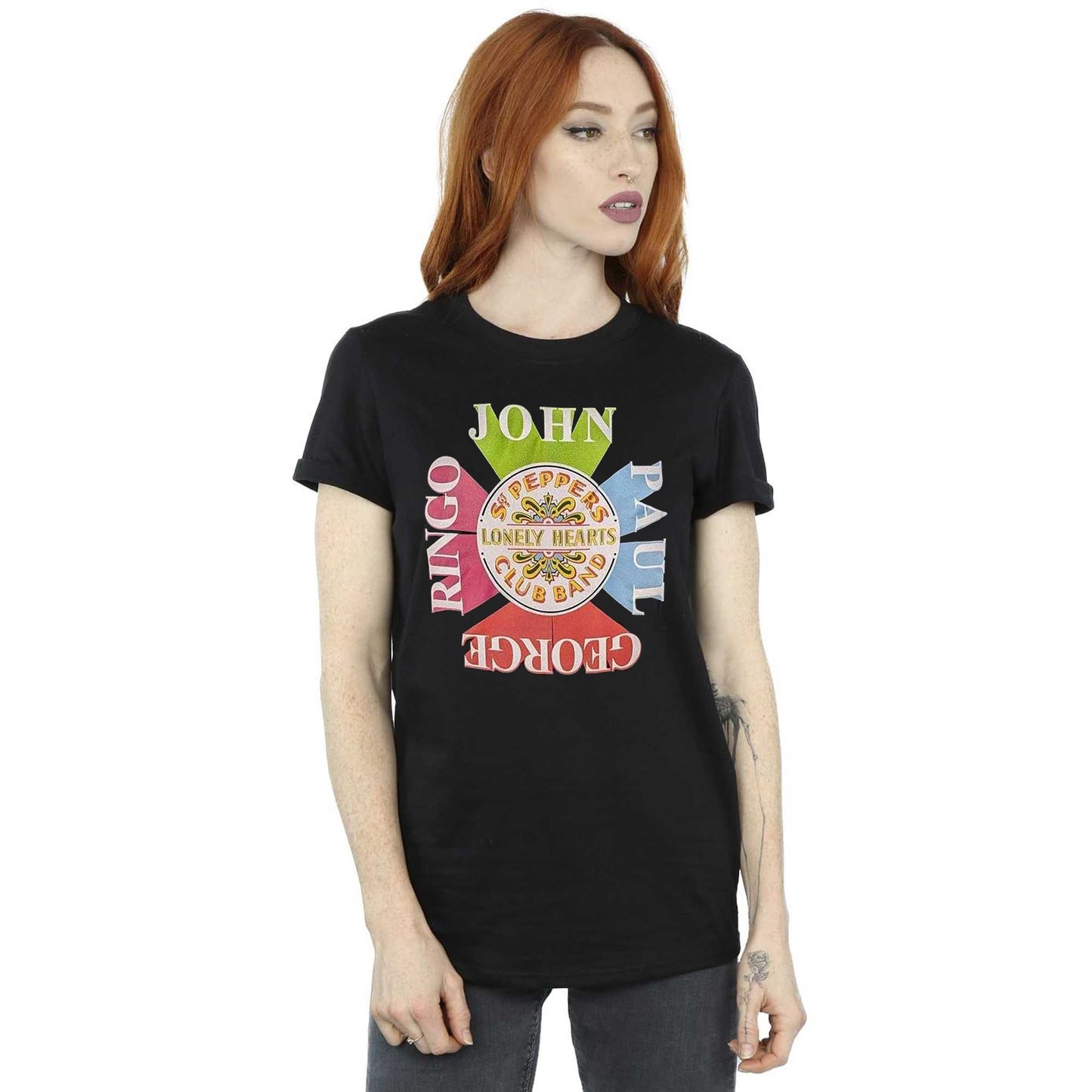 Black - Side - The Beatles Unisex Adult Sgt Pepper Drum Names T-Shirt
