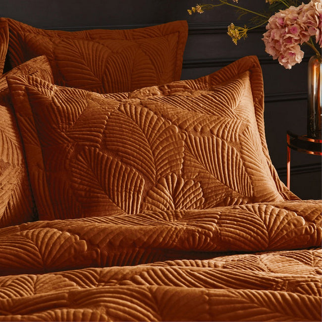 Rust - Back - Paoletti Palmeria Velvet Quilted Duvet Cover Set