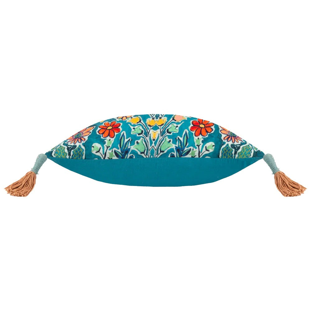 Blue - Side - Wylder Adeline Tassel Floral Cushion Cover