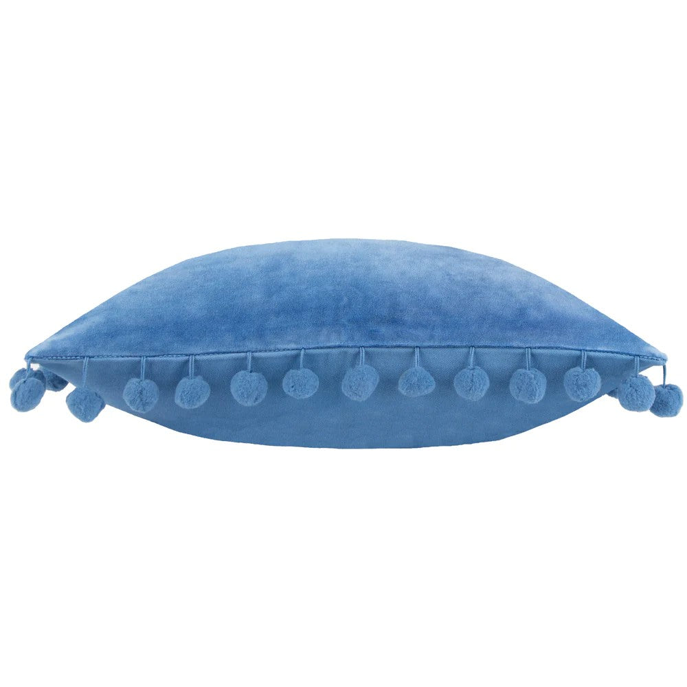 Sky Blue - Side - Furn Dora Pom Pom Velvet Square Cushion Cover