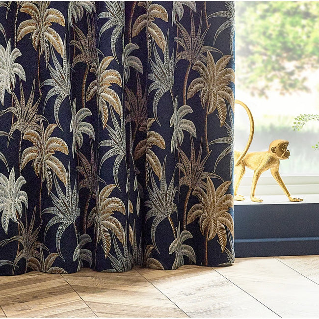 Navy - Side - Wylder Galapagos Jacquard Eyelet Curtains