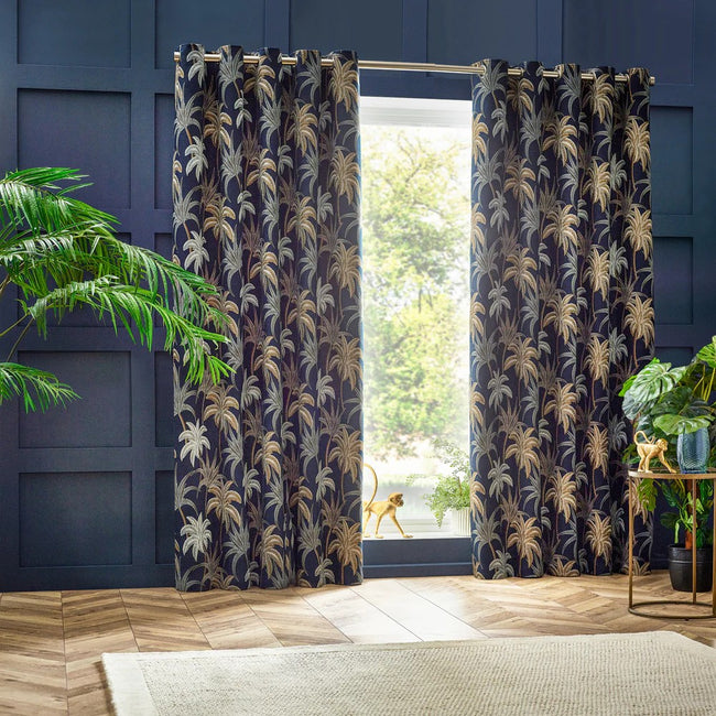 Navy - Front - Wylder Galapagos Jacquard Eyelet Curtains