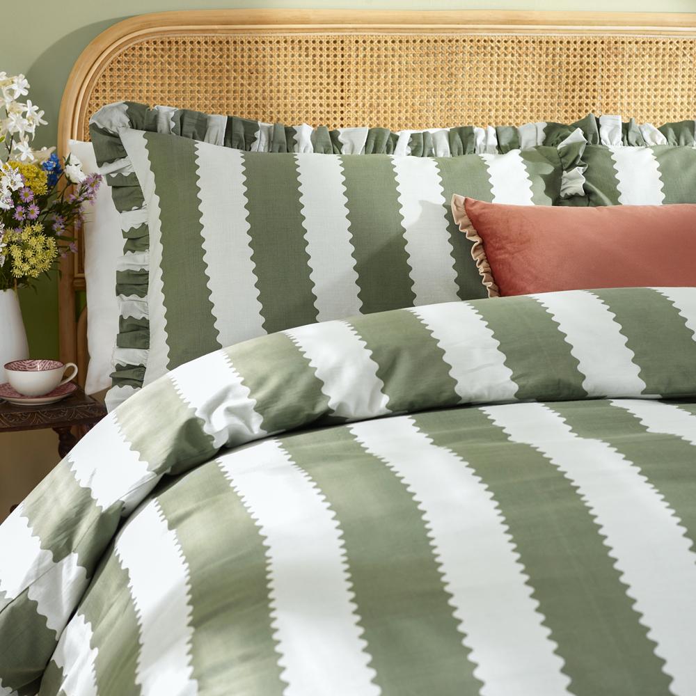 Bay Green-Mist - Close up - Wylder Birdie Ruffles Stripe Duvet Cover Set