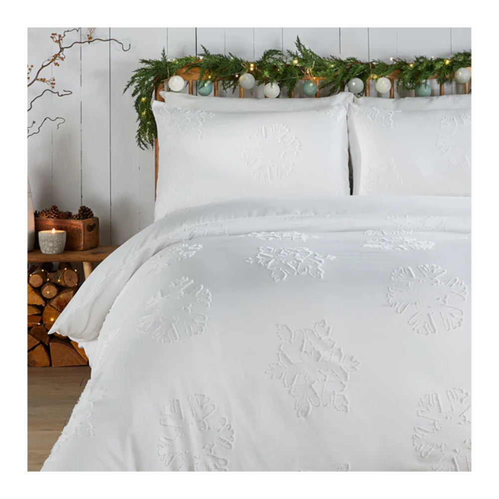 White - Side - Duvet Day Snow Crystal Reversible Soft Touch Tufted Duvet Cover Set