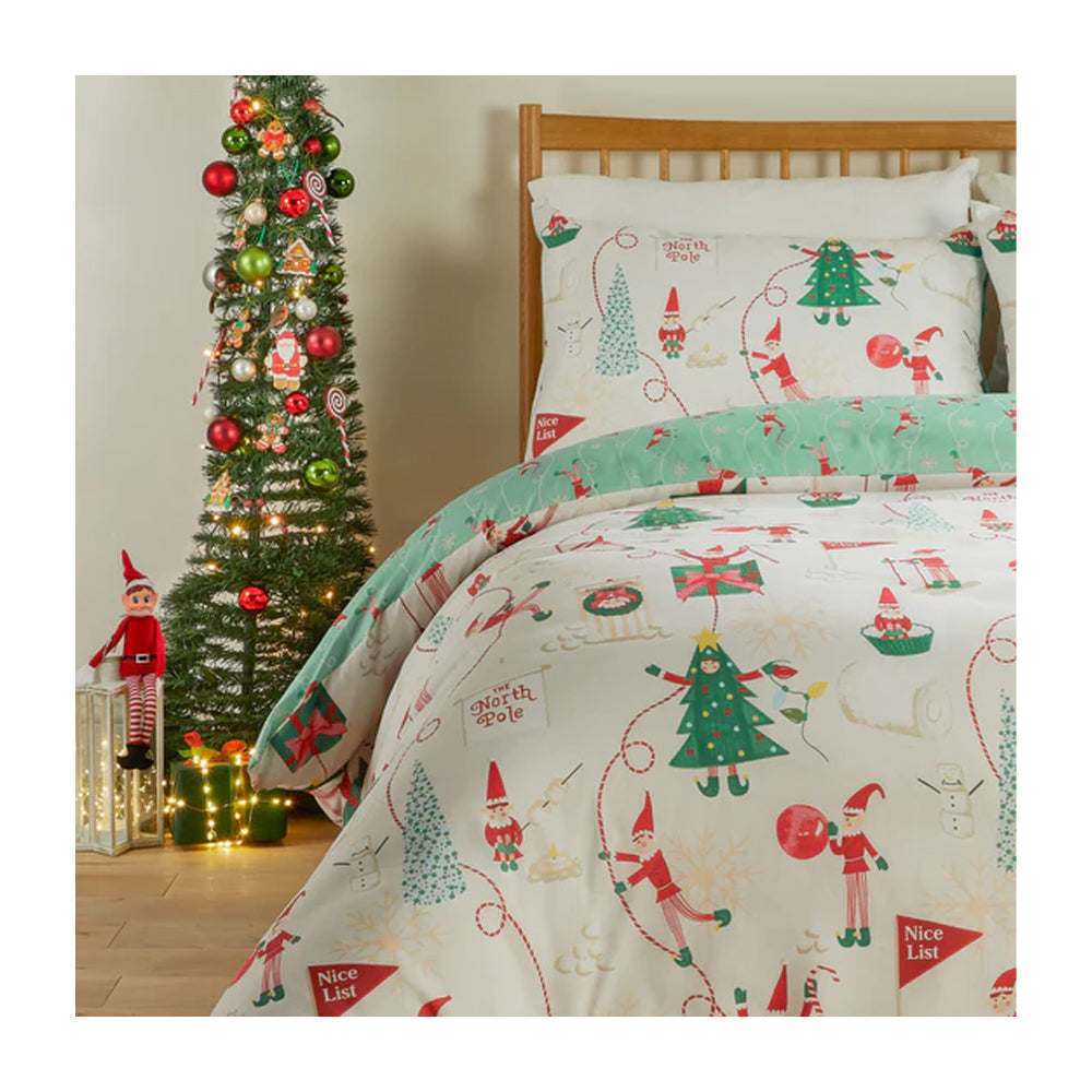 Cream-Mint - Side - Duvet Day Elfie Reversible Soft Touch Printed Christmas Duvet Cover Set