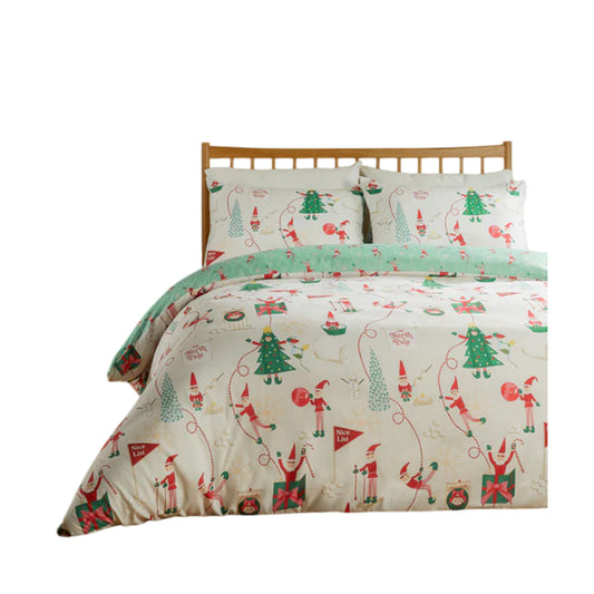 Cream-Mint - Front - Duvet Day Elfie Reversible Soft Touch Printed Christmas Duvet Cover Set