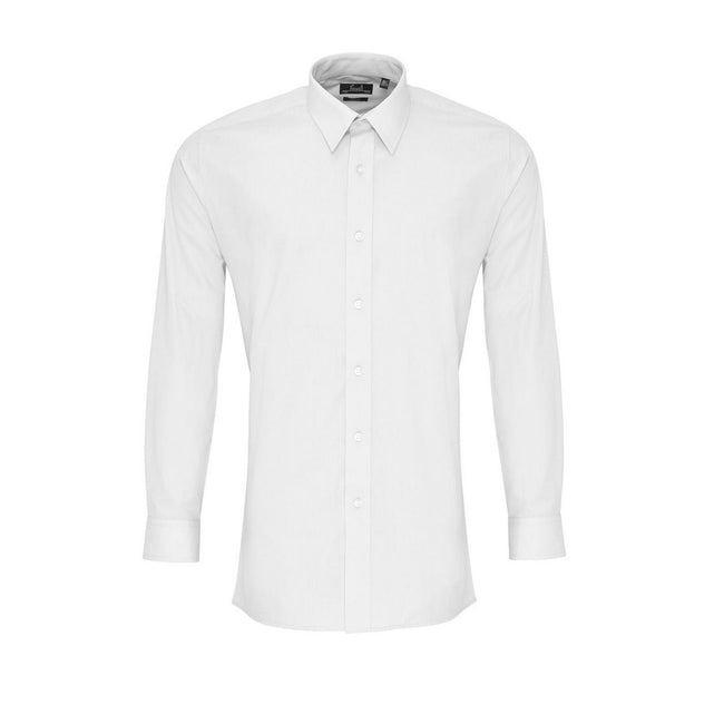 White - Front - Premier Mens Colours Poplin Fitted Long-Sleeved Shirt