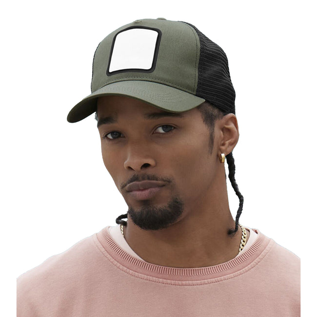 Olive Green-Black - Front - Beechfield Unisex Adult Appliqué 5 Panel Trucker Cap