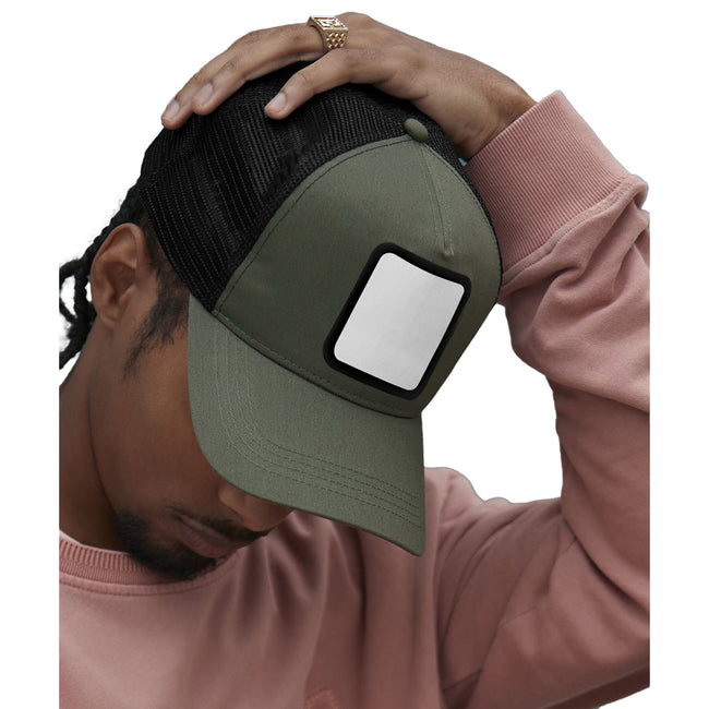 Olive Green-Black - Side - Beechfield Unisex Adult Appliqué 5 Panel Trucker Cap