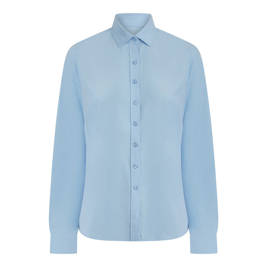 Blue - Front - Henbury Womens-Ladies Cotton Feel CoolPlus Long-Sleeved Shirt