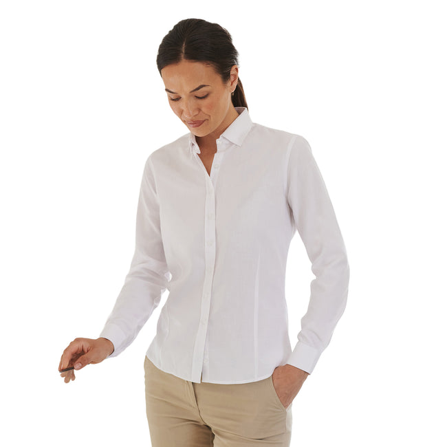 White - Back - Henbury Womens-Ladies Cotton Feel CoolPlus Long-Sleeved Shirt