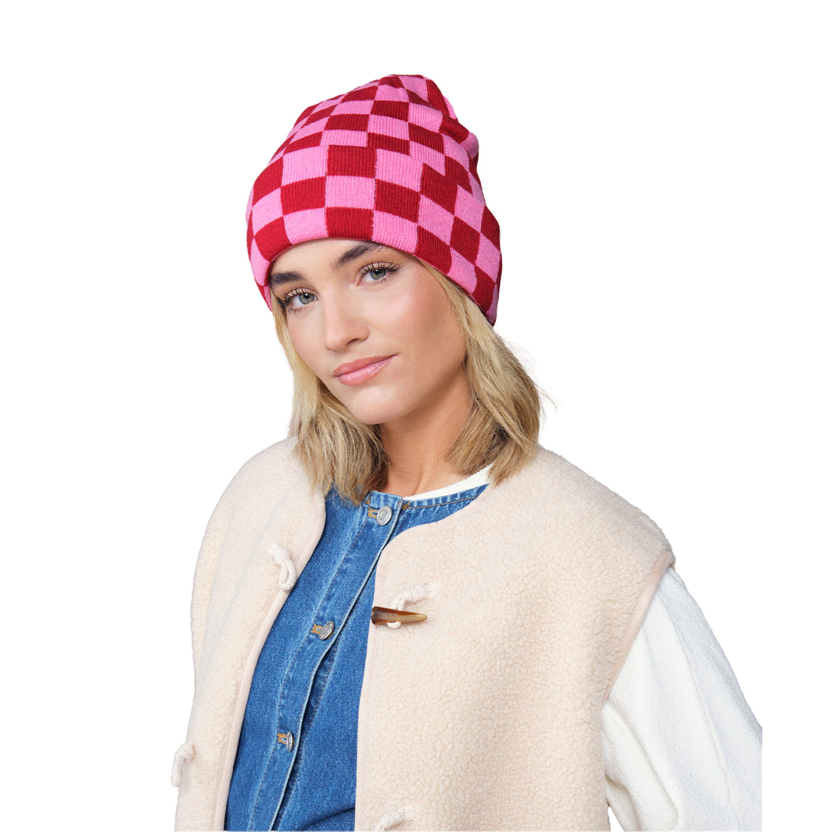 Classic Red-True Pink - Back - Beechfield Checkerboard Beanie