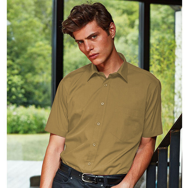 Khaki - Back - Premier Mens Short Sleeve Formal Poplin Plain Work Shirt