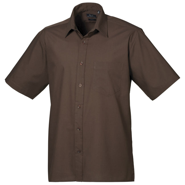 Brown - Front - Premier Mens Short Sleeve Formal Poplin Plain Work Shirt