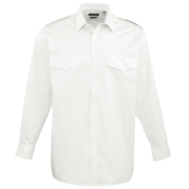 White - Front - Premier Mens Long Sleeve Pilot Plain Work Shirt