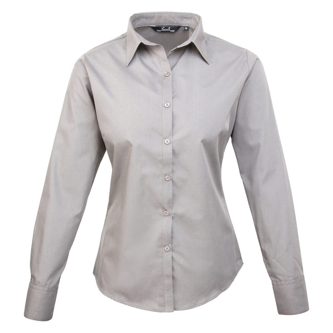 Silver - Front - Premier Womens-Ladies Poplin Long-Sleeved Blouse