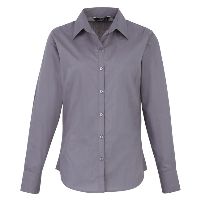Steel - Front - Premier Womens-Ladies Poplin Long-Sleeved Blouse