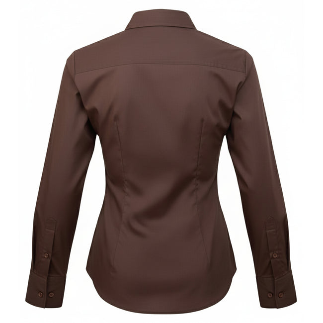 Brown - Back - Premier Womens-Ladies Poplin Long-Sleeved Blouse