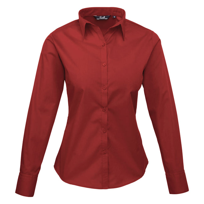 Burgundy - Front - Premier Womens-Ladies Poplin Long-Sleeved Blouse
